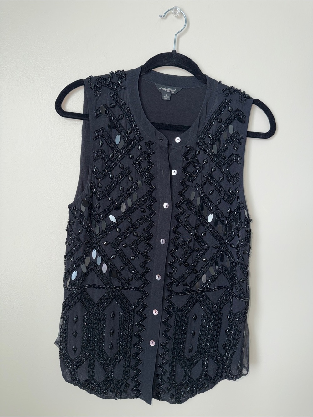 Lucky Brand Black Beaded Sleeveless Button-Front Top